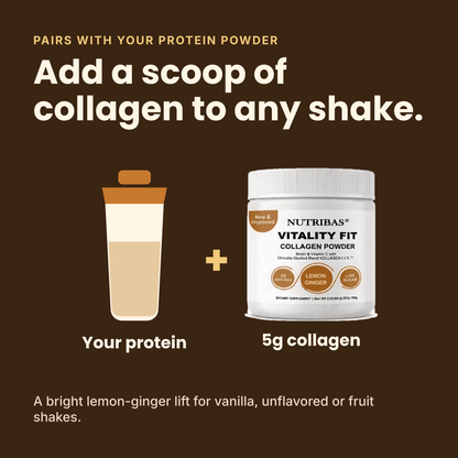Promotional graphic for Nutribas Vitality Fit Collagen Powder showing a white tub of collagen powder next to a protein shake cup with beige powder, on a dark brown background. Text reads 'Add a scoop of collagen to any shake.
