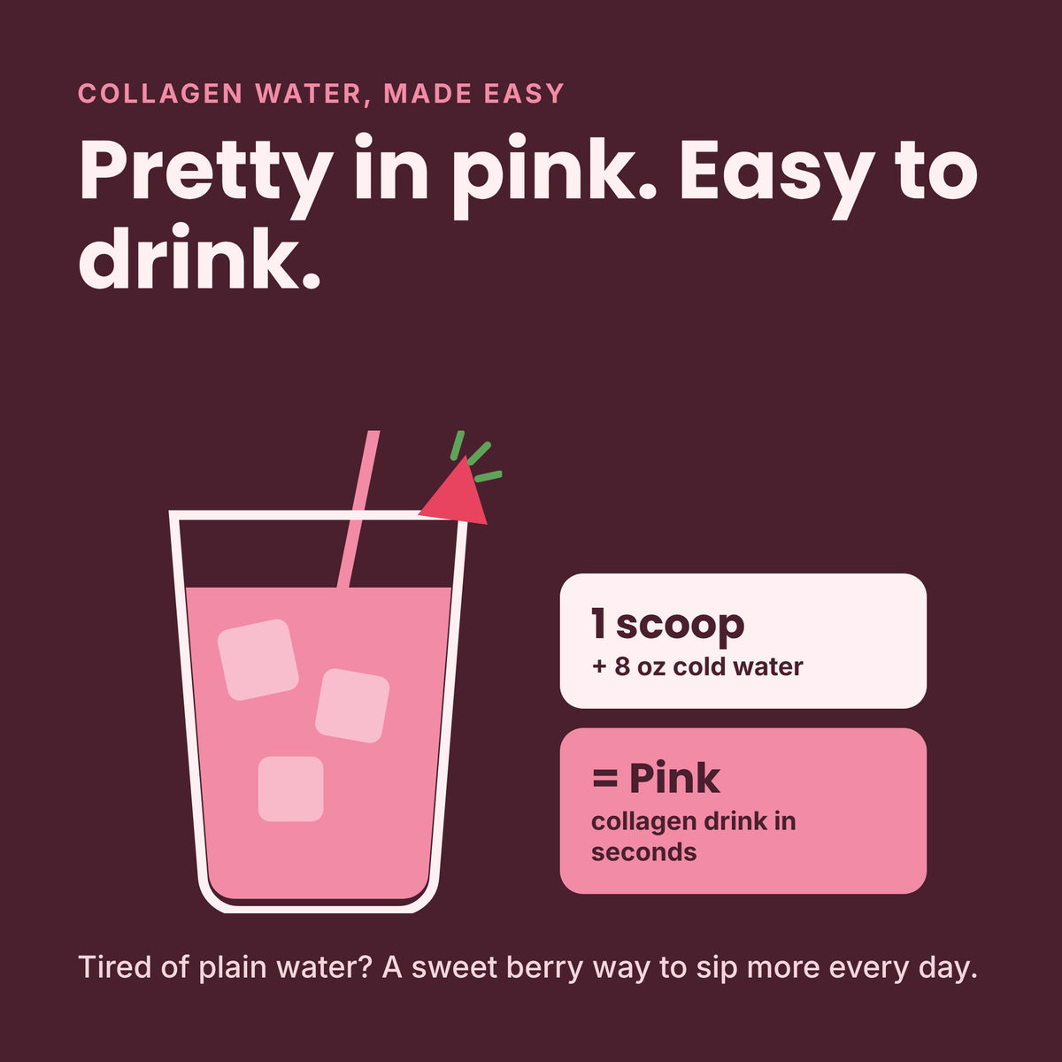Promotional graphic for a pink collagen drink. The design features a dark plum background with white and pink text reading 'COLLAGEN WATER, MADE EASY' and 'Pretty in pink.