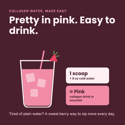 Promotional graphic for a pink collagen drink. The design features a dark plum background with white and pink text reading 'COLLAGEN WATER, MADE EASY' and 'Pretty in pink.