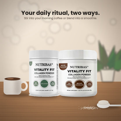 Two white Nutribas Vitality Fit Collagen Powder supplement jars displayed on a wooden surface with a white mug and spoon, under the text 'Your daily ritual, two ways.'.