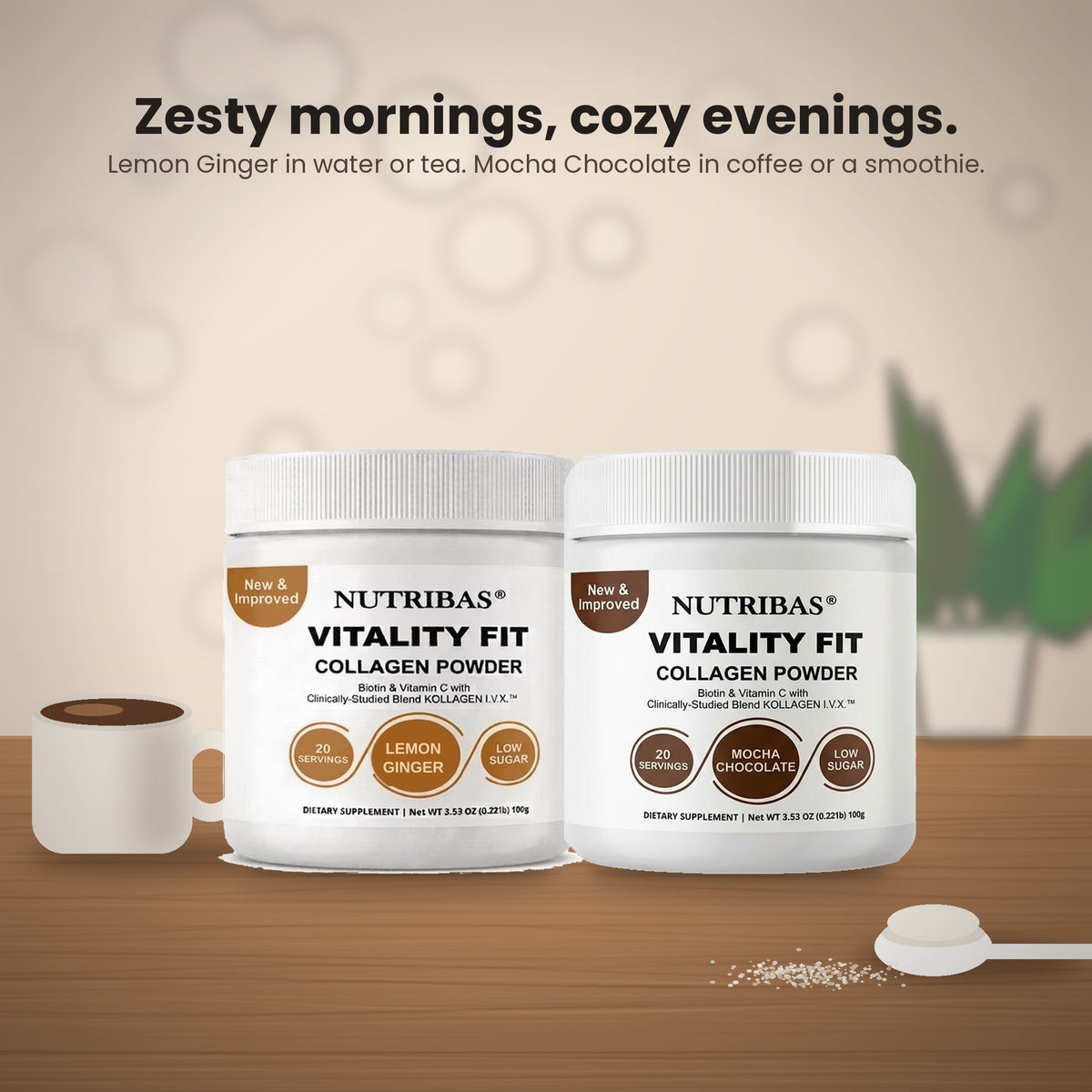 Two white tubs of Nutribas Vitality Fit Collagen Powder are shown on a wooden surface with a mug, spoon, and text describing flavor options. The left tub is Lemon Ginger, and the right tub is Mocha Chocolate.