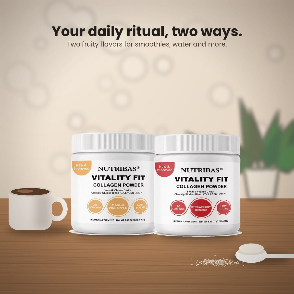 Two white Nutribias Vitality Fit Collagen Powder jars displayed on a wooden table with a white mug and a spoonful of powder. The background is a soft beige with floating bubbles and the text 'Your daily ritual, two ways.