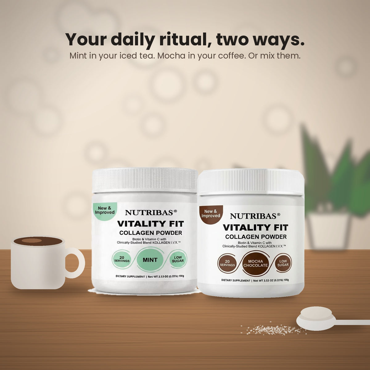 Two white tubs of Nutribi·as Vitality Fit Collagen Powder are displayed on a wooden surface with a white mug and a spoonful of powder. The background is a soft beige with floating bubbles and the text 'Your daily ritual, two ways.
