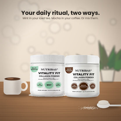 Two white tubs of Nutribi·as Vitality Fit Collagen Powder are displayed on a wooden surface with a white mug and a spoonful of powder. The background is a soft beige with floating bubbles and the text 'Your daily ritual, two ways.