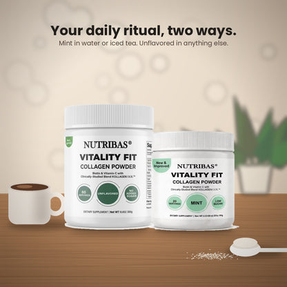 Two white Nutribas Vitality Fit Collagen Powder supplement jars displayed on a wooden surface with a coffee cup and spoon, under the text 'Your daily ritual, two ways. Mint in water or iced tea.