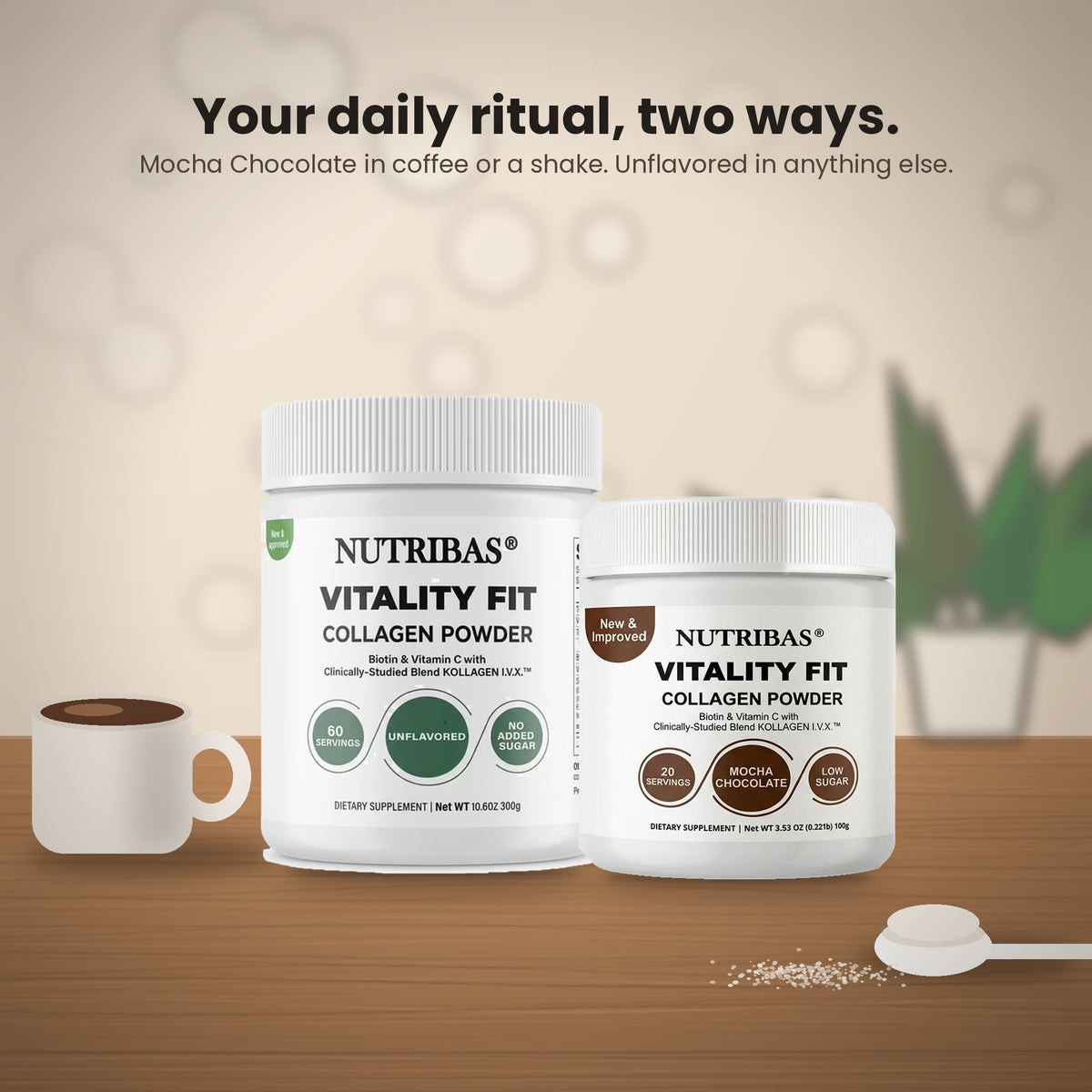 Two white Nutribas Vitality Fit collagen powder jars displayed on a wooden surface with a coffee cup and spoon, under the text 'Your daily ritual, two ways. Mocha Chocolate in coffee or a shake.