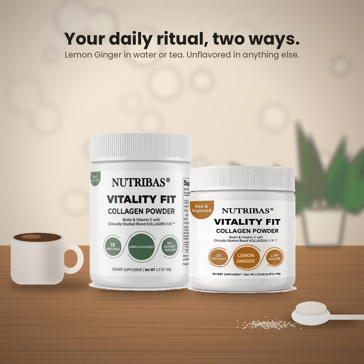 Two white Nutribas Vitality Fit collagen powder jars displayed on a wooden surface with a white mug and a spoonful of powder. The background is a soft beige with subtle bubble patterns and green leaf silhouettes, with promotional text at the top.