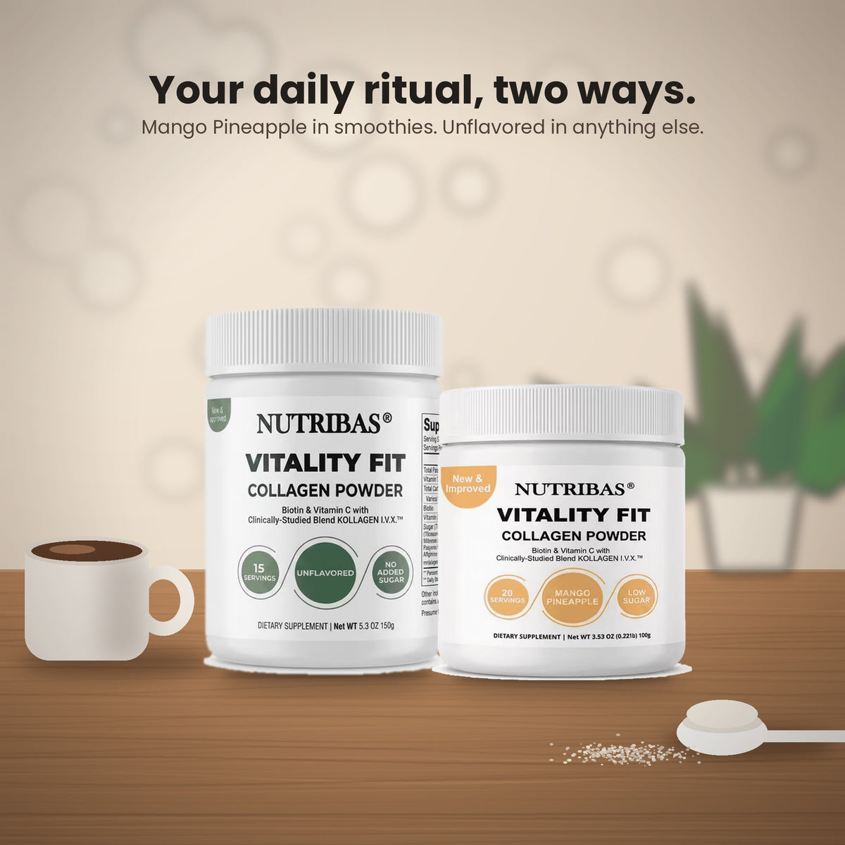 Two white Nutribas Vitality Fit collagen powder supplement containers displayed on a wooden surface with a white mug and spoon, against a warm beige background with soft green leaves and text reading 'Your daily ritual, two ways. Mango Pineapple in smoothies.