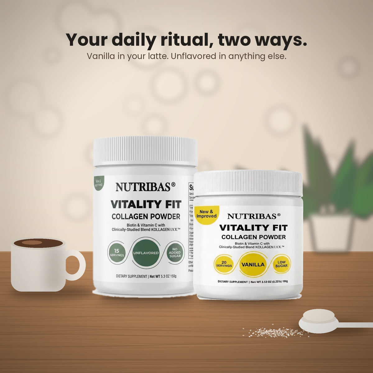 Two white Nutribas Vitality Fit collagen powder jars displayed on a wooden surface with a coffee cup and a spoonful of powder. Text at the top reads, 'Your daily ritual, two ways.