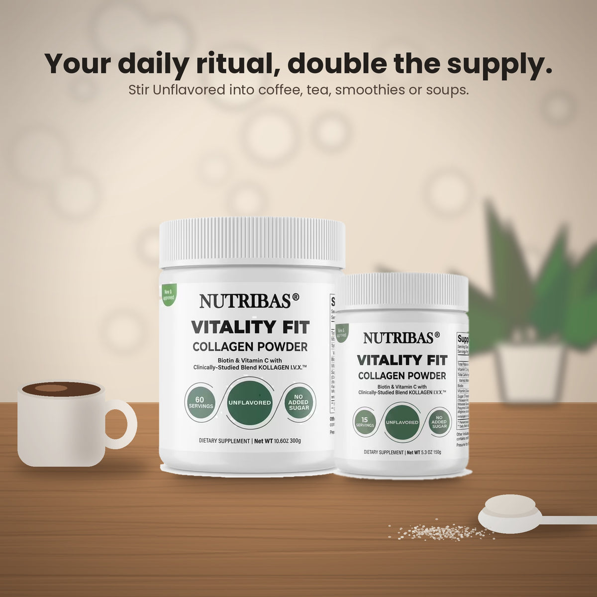 Two white Nutribas Vitality Fit Collagen Powder supplement jars displayed on a wooden surface with a coffee cup and a spoonful of powder, against a warm beige background with soft bokeh circles.