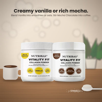 Two white Nutribias Vitality Fit Collagen Powder tubs on a wooden surface, labeled Vanilla and Mocha Chocolate, with a small cup of coffee and a spoonful of powder nearby. Text at the top reads 'Creamy vanilla or rich mocha.