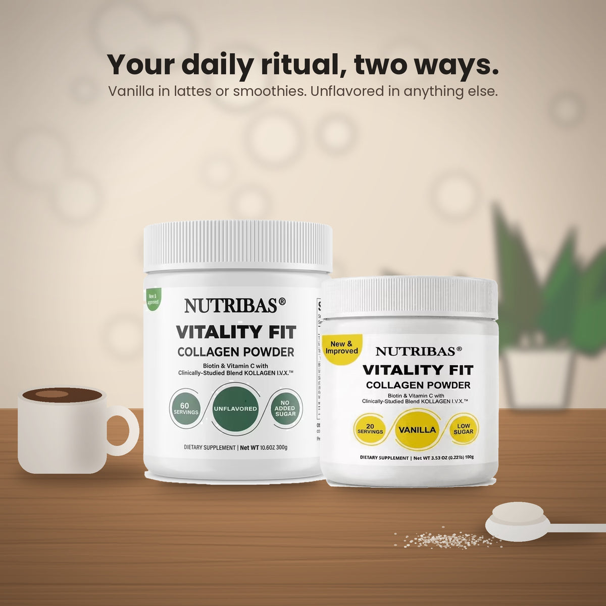 Two white Nutribas Vitality Fit collagen powder supplement jars displayed on a wooden surface with a white mug and spoon, under the text 'Your daily ritual, two ways. Vanilla in lattes or smoothies.