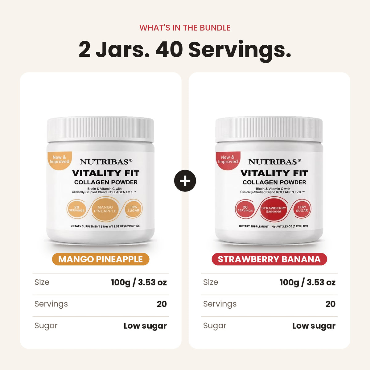 Promotional graphic showing two Nutribas Vitality Fit Collagen Powder jars as a bundle: Mango Pineapple on the left and Strawberry Banana on the right, with text reading '2 Jars. 40 Servings.