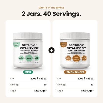 Promotional graphic showing two Nutribas Vitality Fit collagen powder jars in a bundle: Mint and Lemon Ginger flavors. The image displays the products, their packaging, and key details like size (100g / 3.