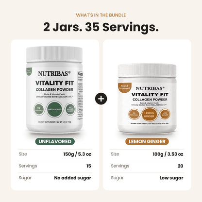 Promotional bundle graphic showing two Nutribias Vitality Fit collagen powder jars side by side on a light beige background. The left jar is labeled Unflavored and the right jar is labeled Lemon Ginger.