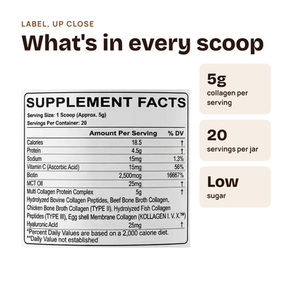 A product information graphic on a white background with the heading 'What's in every scoop.' It includes a supplement facts panel and two beige callout boxes stating '5g collagen per serving,' '20 servings per jar,' and 'Low sugar.