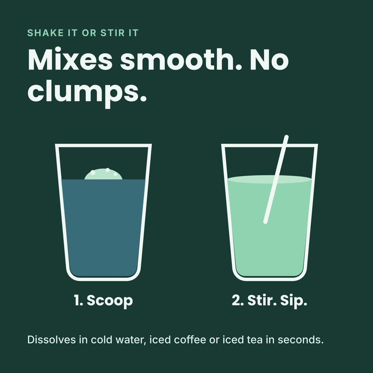 Promotional graphic for a drink mixing product on a dark green background. Text reads 'Shake it or stir it' and 'Mixes smooth.