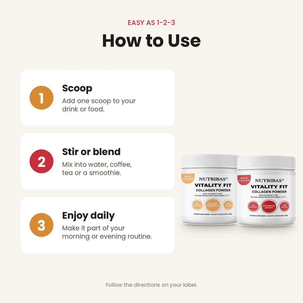 Instruction graphic titled 'How to Use' showing three steps: scoop one scoop into drink or food, stir or blend, and enjoy daily. Two white NutriBlast Vitality Fit collagen powder jars are shown on the right against a light beige background.