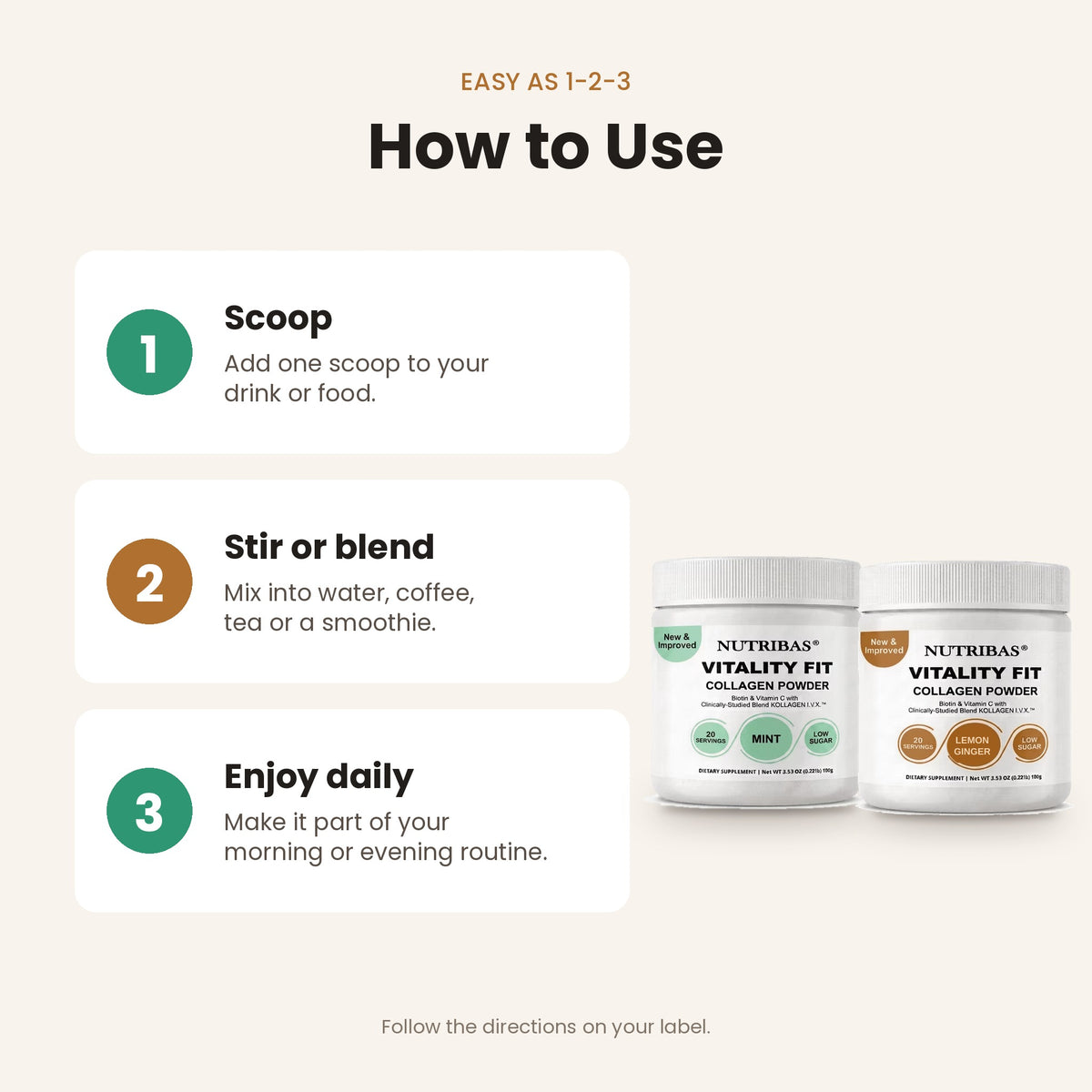 Instruction graphic titled 'How to Use' showing three steps: scoop, stir or blend, and enjoy daily. Two white Nutribias Vitality Fit collagen powder jars are shown on the right against a light beige background.