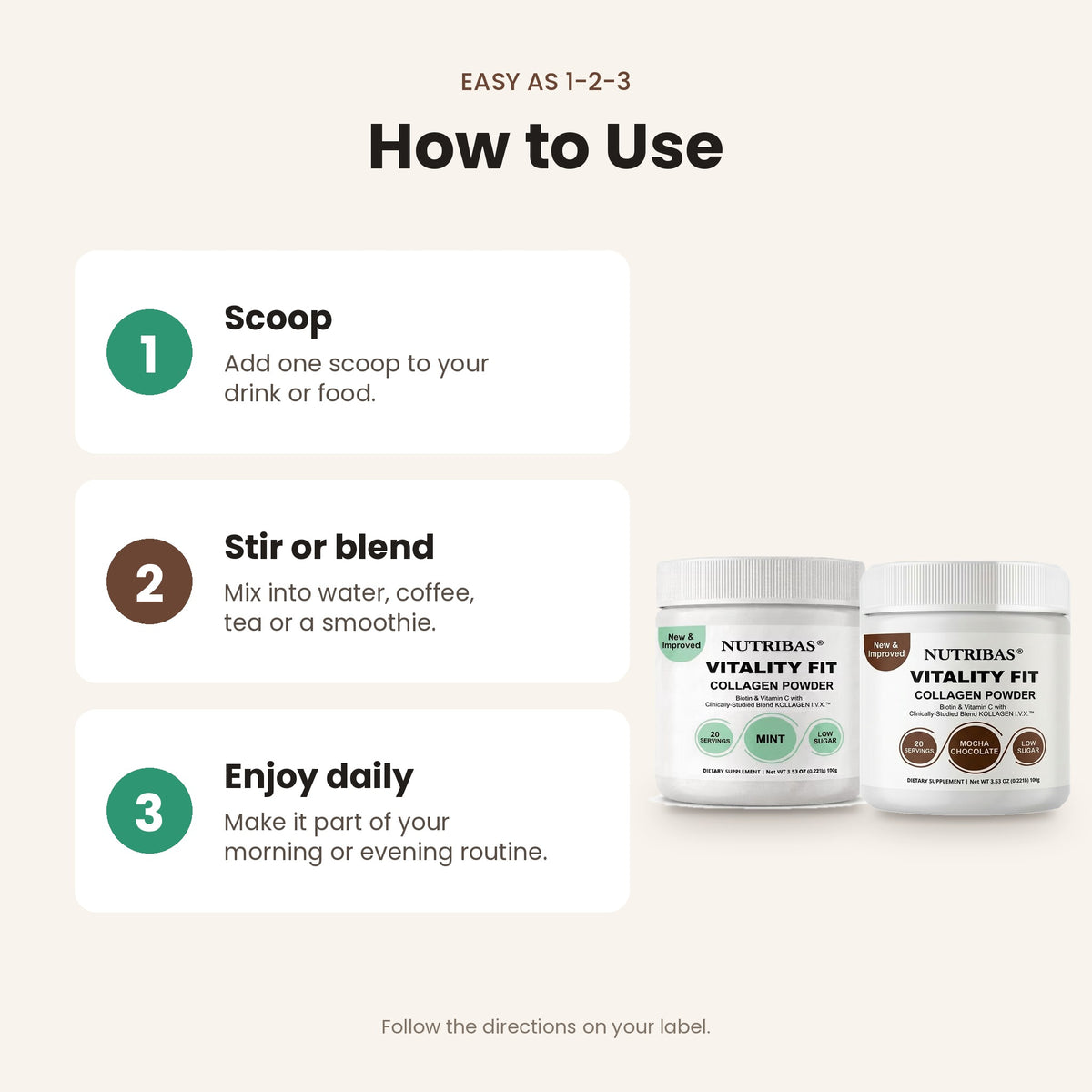 Instruction graphic titled 'How to Use' showing three steps: scoop one scoop into drink or food, stir or blend, and enjoy daily. Two white NutriB拉斯 Vitality Fit collagen powder jars are shown on the right against a light beige background.