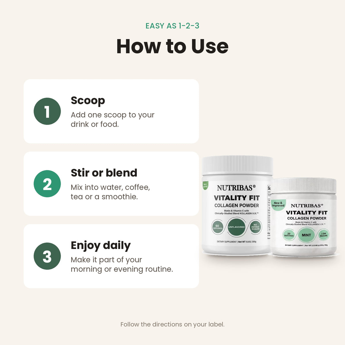 Instruction graphic titled 'How to Use' showing three steps: scoop one scoop into drink or food, stir or blend, and enjoy daily. Two white Nutribas Vitality Fit collagen powder jars are shown on the right against a light beige background.