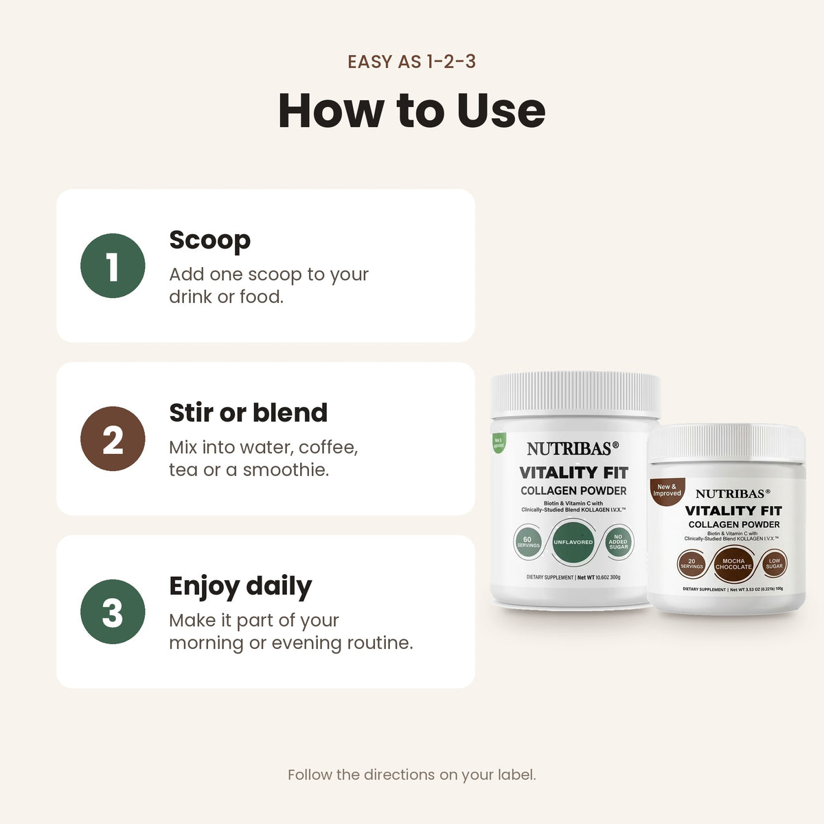 Instruction graphic titled 'How to Use' showing three steps: scoop one scoop into drink or food, stir or blend, and enjoy daily. Two white Nutribias Vitality Fit collagen powder jars are shown on the right against a light beige background.