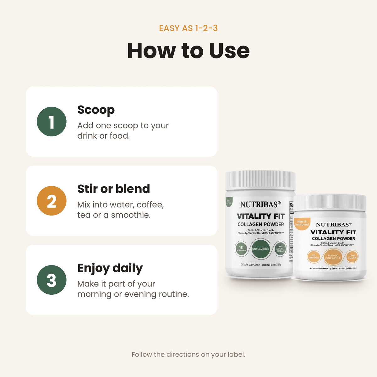 Instruction graphic titled 'How to Use' showing three steps for administering Nutribas Vitality Fit collagen powder: scoop one scoop into drink or food, stir or blend, and enjoy daily. Two white supplement jars are shown on the right against a light beige background.