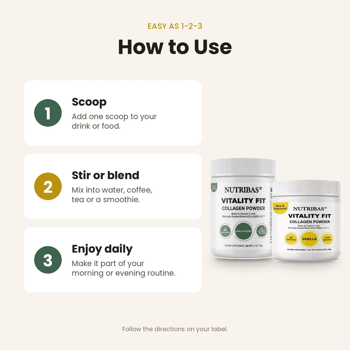 Instruction graphic titled 'How to Use' showing three steps: scoop one scoop into drink or food, stir or blend, and enjoy daily. Two white Nutribias Vitality Fit collagen powder jars are shown on the right against a light beige background.