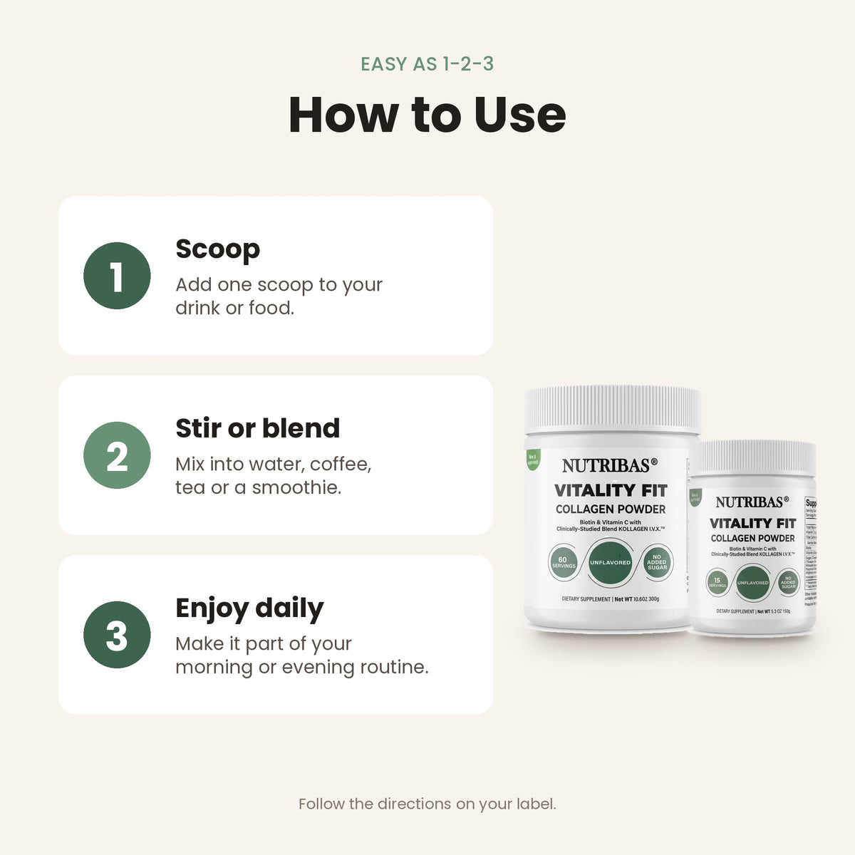 Instructional graphic titled 'How to Use' showing three steps: scoop one scoop into drink or food, stir or blend, and enjoy daily. Two white Nutribas Vitality Fit collagen powder jars are shown on the right against a light beige background.