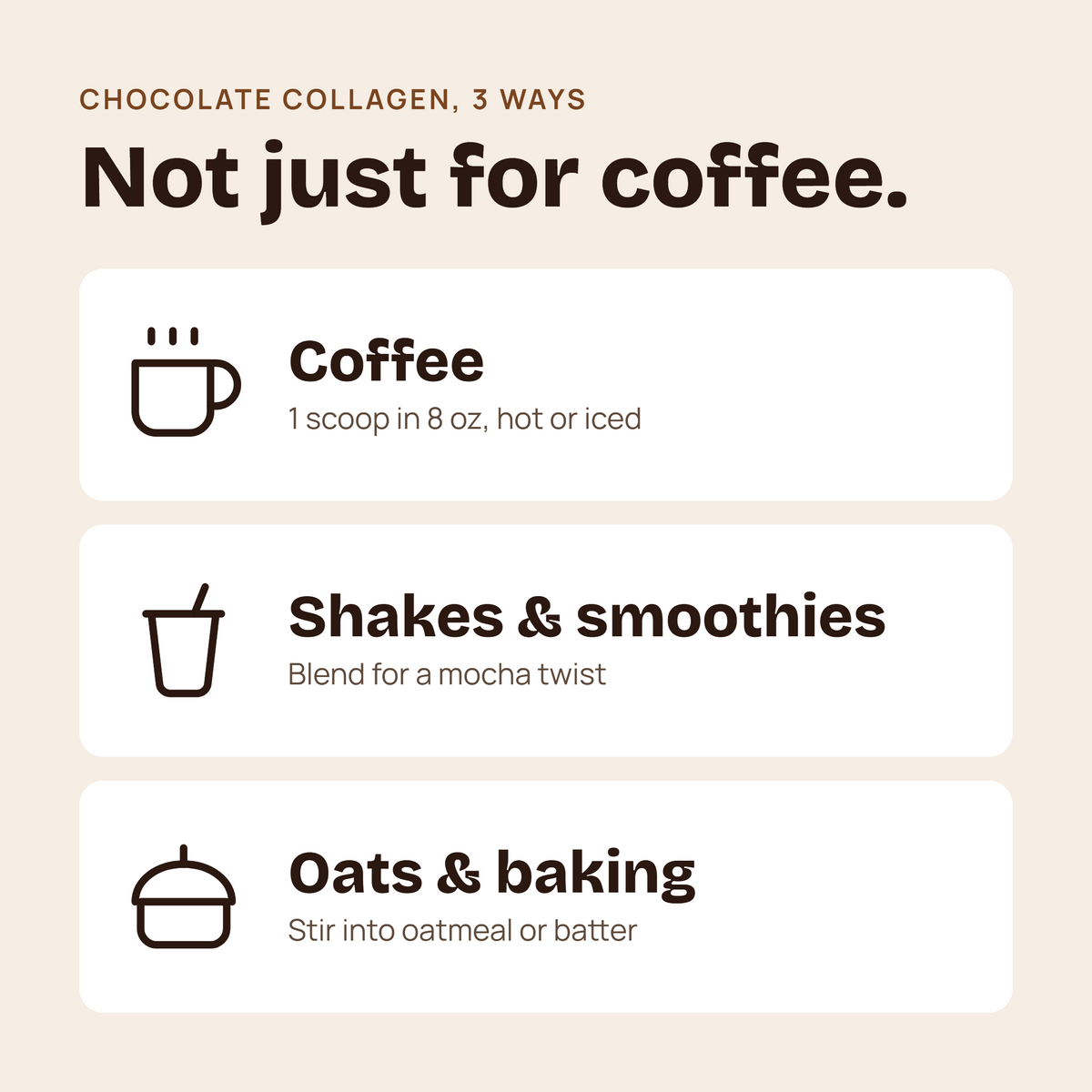 An informational graphic for chocolate collagen, showing three usage suggestions: coffee, shakes and smoothies, and oats & baking. The text reads 'CHOCOLATE COLLAGEN, 3 WAYS' and 'Not just for coffee.