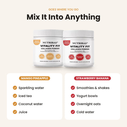Two white tubs of Nutribibas Vitality Fit Collagen Powder shown on a light beige background with text reading 'Mix It Into Anything.' Below are flavor callouts: Mango Pineapple for sparkling water, iced tea, coconut water, and juice, and Strawberry Banana for smoothies and shakes, yogurt bowls, overnight oats, and cold water.