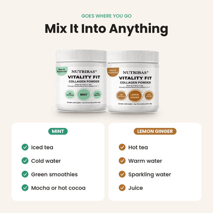 Two white tubs of Nutribibas Vitality Fit Collagen Powder shown on a light beige background with text reading 'Mix It Into Anything' and flavor callouts for Mint and Lemon Ginger.