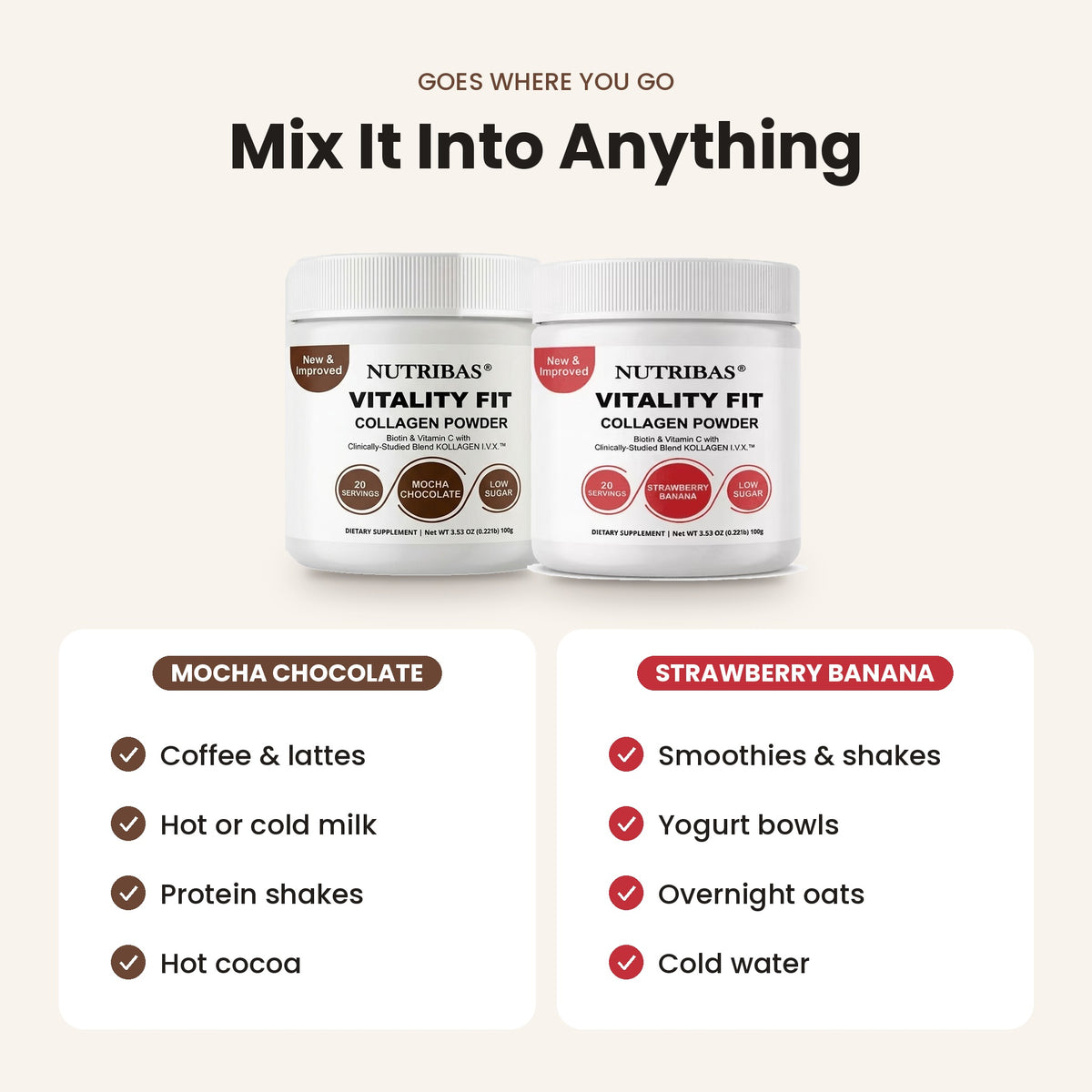 Two white tubs of Nutribias Vitality Fit Collagen Powder shown on a light beige background with marketing text. The left tub is labeled Mocha Chocolate and the right tub is labeled Strawberry Banana, with usage suggestions listed below each flavor.