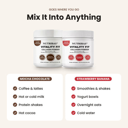 Two white tubs of Nutribias Vitality Fit Collagen Powder shown on a light beige background with marketing text. The left tub is labeled Mocha Chocolate and the right tub is labeled Strawberry Banana, with usage suggestions listed below each flavor.