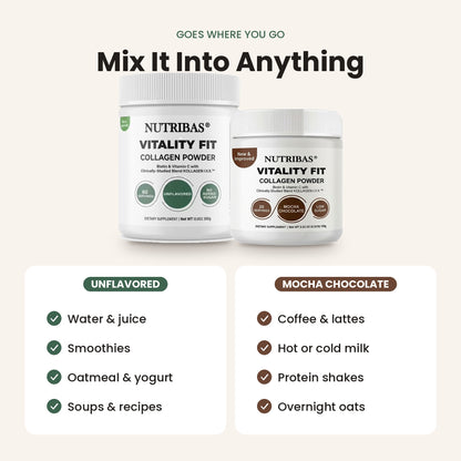 Two white Nutribas Vitality Fit collagen powder jars on a light beige background, with text above reading 'Mix It Into Anything' and flavor callouts below: Unflavored and Mocha Chocolate, each with a list of use cases.