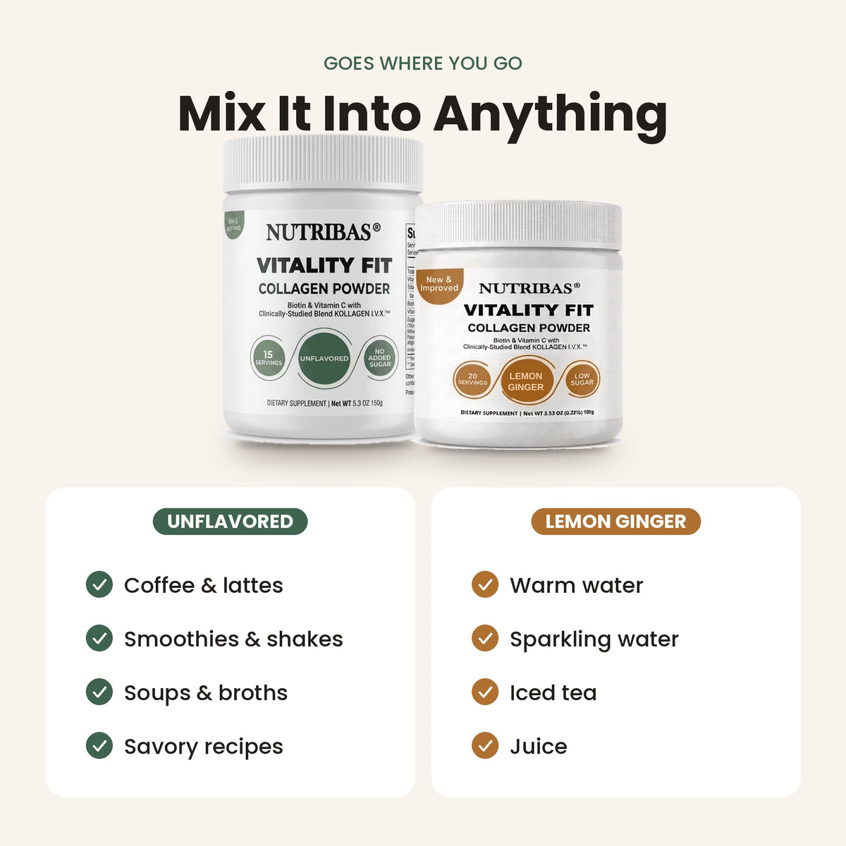 Two white Nutribas Vitality Fit collagen powder jars on a light beige background, with text above reading 'Mix It Into Anything' and flavor callouts below: Unflavored for coffee, lattes, smoothies, soups, broths, and savory recipes; Lemon Ginger for warm water, sparkling water, iced tea, and juice.