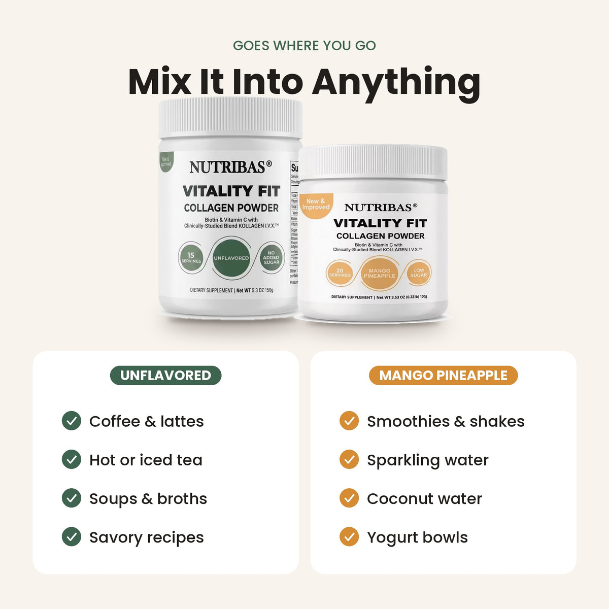 Two white Nutribas Vitality Fit Collagen Powder supplement containers on a light beige background, with text above reading 'Mix It Into Anything' and flavor callouts below: Unflavored for coffee, lattes, tea, soups, and broths, and Mango Pineapple for smoothies, shakes, sparkling water, coconut water, and yogurt bowls.