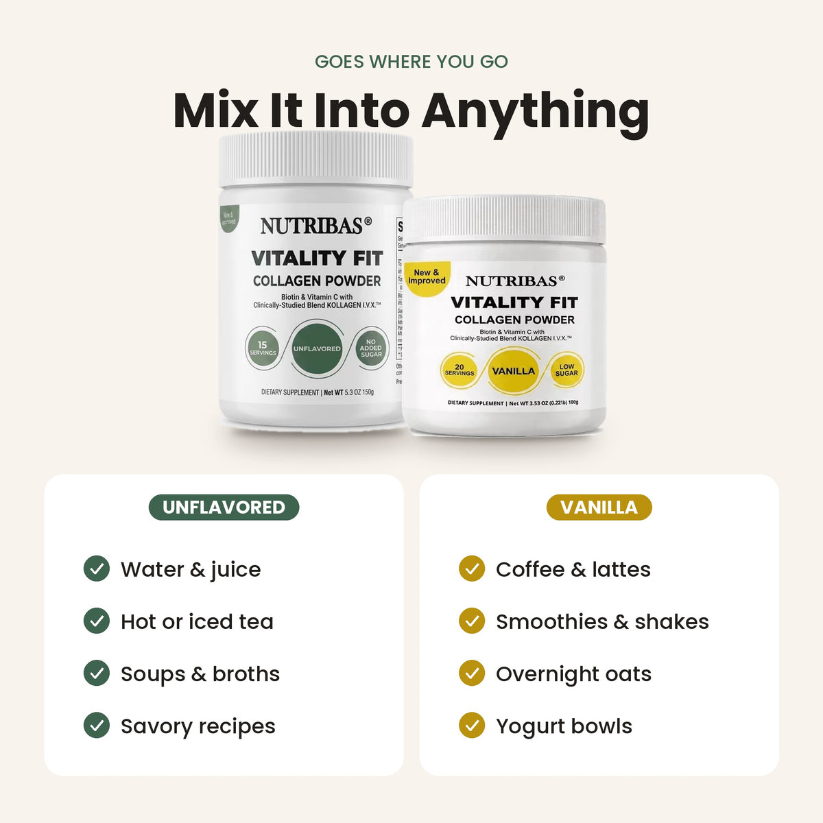 Two white Nutribas Vitality Fit collagen powder supplement jars on a light beige background, with marketing text above and flavor callouts below: Unflavored for water, juice, tea, soups, and broths; Vanilla for coffee, lattes, smoothies, overnight oats, and yogurt bowls.