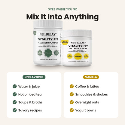 Two white Nutribas Vitality Fit collagen powder supplement jars on a light beige background, with marketing text above and flavor callouts below: Unflavored for water, juice, tea, soups, and broths; Vanilla for coffee, lattes, smoothies, overnight oats, and yogurt bowls.
