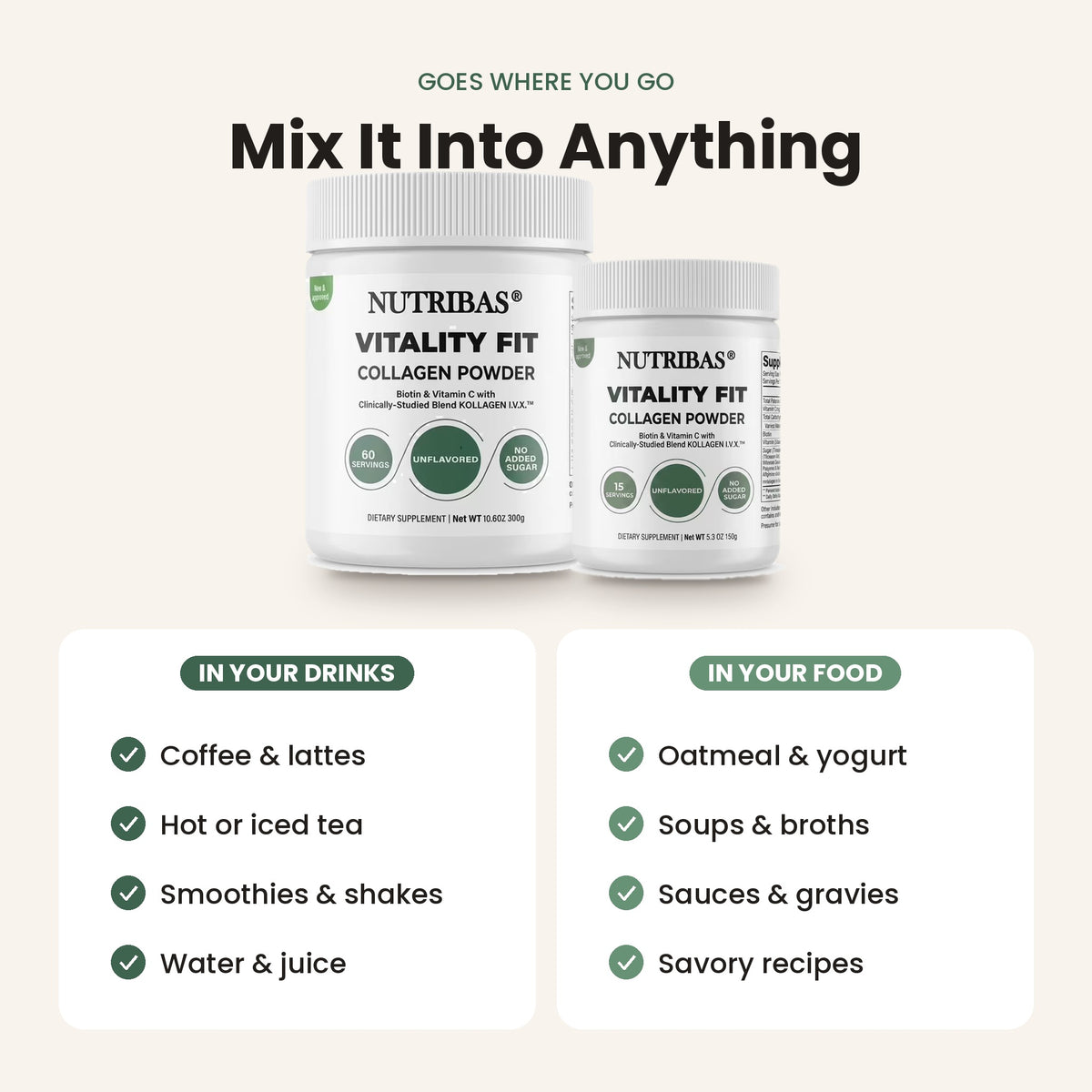 Two white Nutribas Vitality Fit collagen powder bottles on a light beige background with marketing text and usage examples for drinks and food.