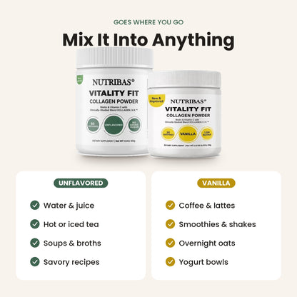 Two white Nutribas Vitality Fit collagen powder jars on a light beige background, with marketing text above and flavor/usage callouts below. The left jar is labeled unflavored and the right jar vanilla.