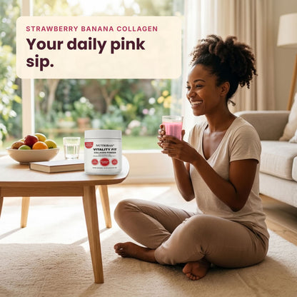 A woman sits cross-legged on a beige rug in a bright living room, holding a pink drink. On the table beside her is a white tub of NutriLifeBlast Vitality Plus collagen powder, with a large text overlay reading 'STRAWBERRY BANANA COLLAGEN Your daily pink sip.