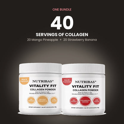 Two white Nutribibas Vitality Fit Collagen Powder jars shown side by side on a dark background, with promotional text above reading 'ONE BUNDLE 40 SERVINGS OF COLLAGEN' and '20 Mango Pineapple + 20 Strawberry Banana'.