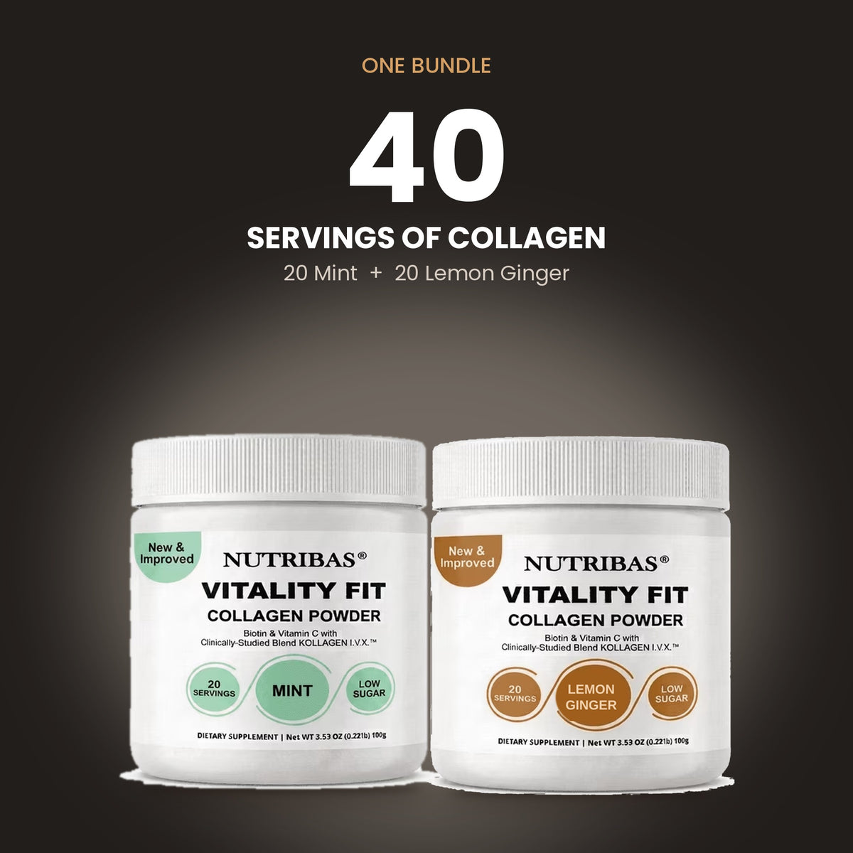 Two white Nutribias Vitality Fit Collagen Powder tubs shown side by side on a dark gradient background, with text above reading 'ONE BUNDLE 40 SERVINGS OF COLLAGEN' and flavor callouts for Mint and Lemon Ginger.