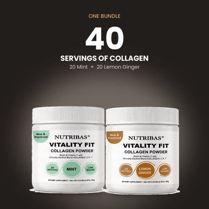 Two white Nutribias Vitality Fit Collagen Powder tubs shown side by side on a dark gradient background, with text above reading 'ONE BUNDLE 40 SERVINGS OF COLLAGEN' and flavor callouts for Mint and Lemon Ginger.