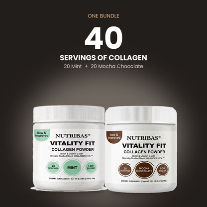 Two white Nutribas Vitality Fit Collagen Powder jars shown side by side on a dark background, with text above reading 'ONE BUNDLE 40 SERVINGS OF COLLAGEN 20 Mint + 20 Mocha Chocolate'.