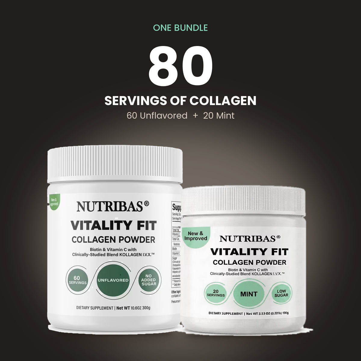 Two white tubs of Nutribas Vitality Fit Collagen Powder shown on a dark gradient background with promotional text above reading 'One Bundle 80 Servings of Collagen' and '60 Unflavored + 20 Mint'.