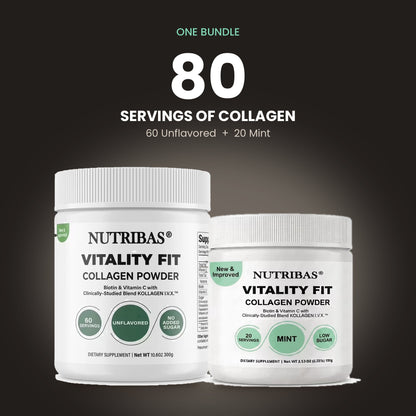 Two white tubs of Nutribas Vitality Fit Collagen Powder shown on a dark gradient background with promotional text above reading 'One Bundle 80 Servings of Collagen' and '60 Unflavored + 20 Mint'.