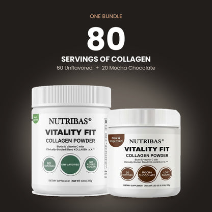 Two white Nutribas Vitality Fit Collagen Powder supplement jars on a dark brown background, with promotional text above reading 'ONE BUNDLE 80 SERVINGS OF COLLAGEN 60 Unflavored + 20 Mocha Chocolate.'.