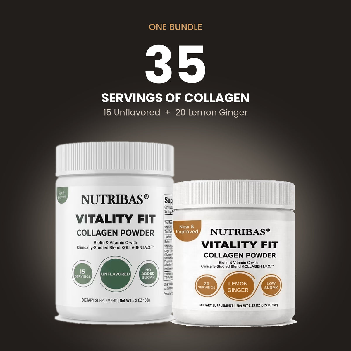 Two white Nutribas Vitality Fit collagen powder jars on a dark gradient background, with promotional text above reading 'ONE BUNDLE 35 SERVINGS OF COLLAGEN' and flavor callouts for unflavored and lemon ginger.